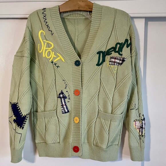 ebossy Cable Knit Cardigan Embroidery Sweater Button V Neck Coat Size M Green - Picture 14 of 15